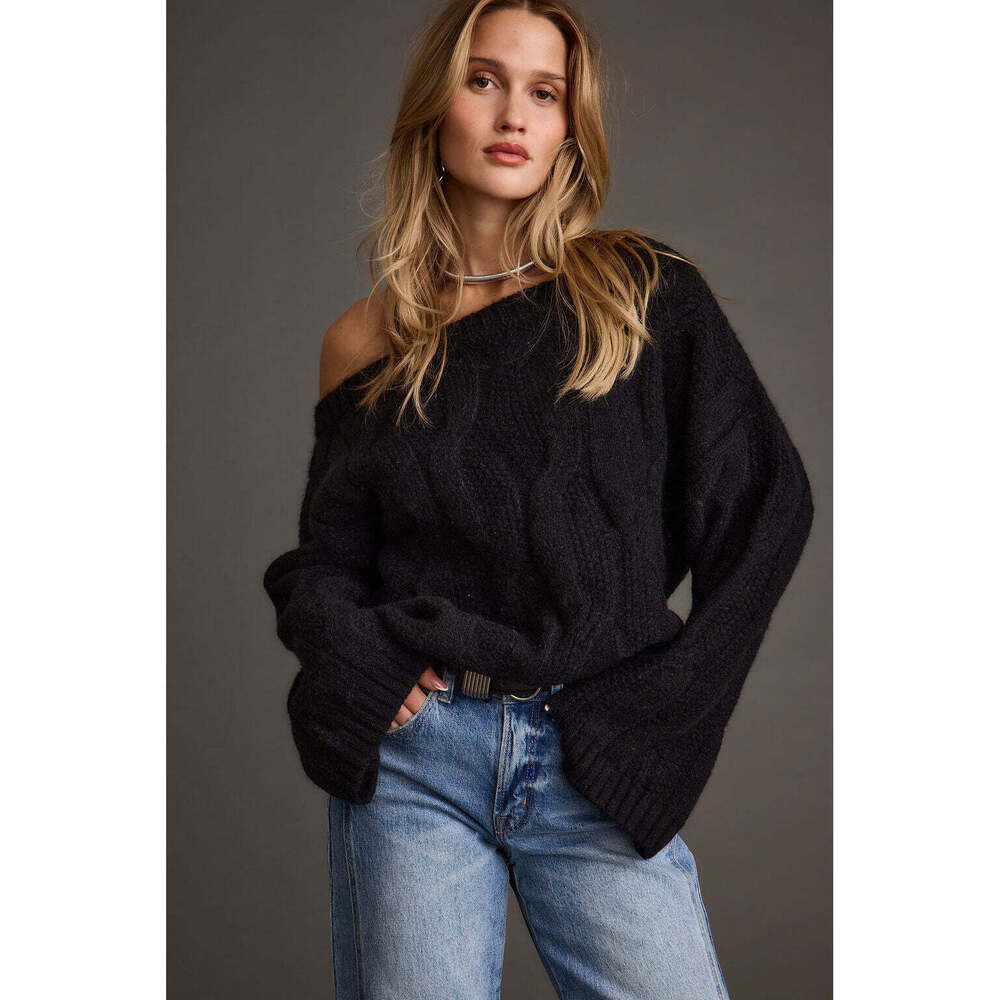 12th Tribe Tavern Black Off the Shoulder Cable Knit Sweater Size MM